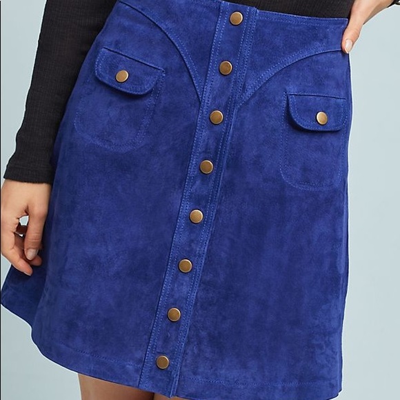 Anthropologie Blue Leather Button-Front Mini Skirt - Picture 3 of 7